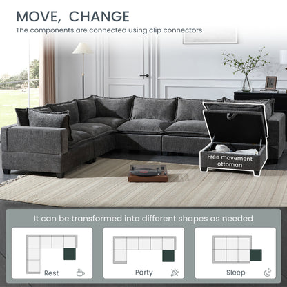 Roomfitters Modular U-Shaped Chenille Sofa with Storage Ottoman, Free Layout 7-Seat Oversized Couch for Living Room
