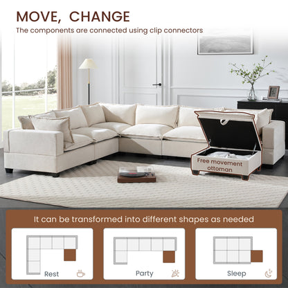 Roomfitters Modular U-Shaped Chenille Sofa with Storage Ottoman, Free Layout 7-Seat Oversized Couch for Living Room