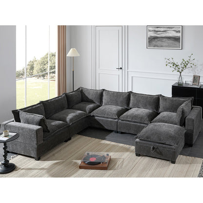 Roomfitters Modular U-Shaped Chenille Sofa with Storage Ottoman, Free Layout 7-Seat Oversized Couch for Living Room