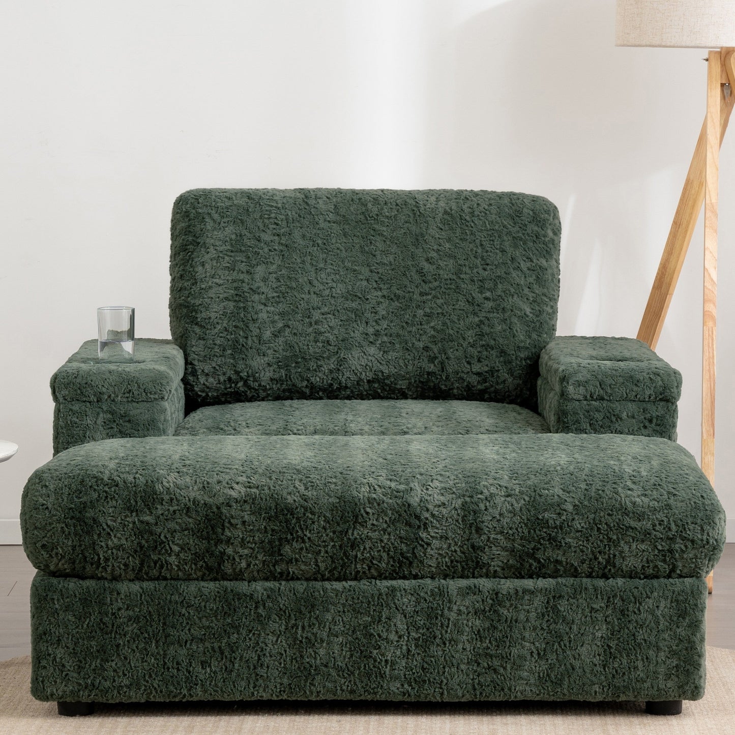Roomfitters Oversized Chaise Lounge Sofa Bed with Ottoman, Faux Fur Sleeper Chair with Cup Holders