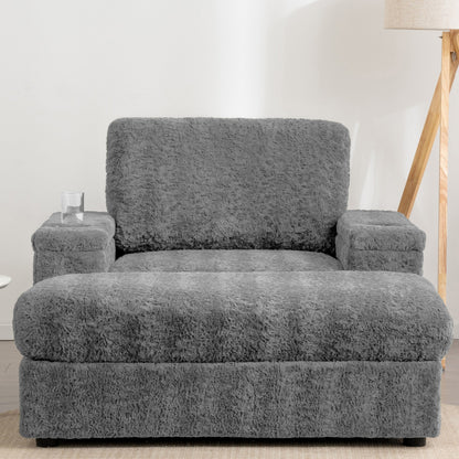 Roomfitters Oversized Chaise Lounge Sofa Bed with Ottoman, Faux Fur Sleeper Chair with Cup Holders