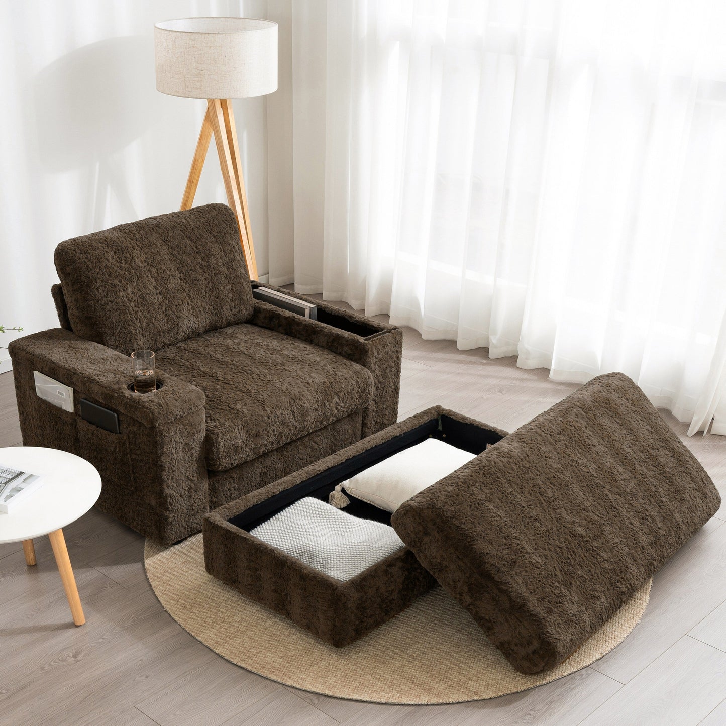 Roomfitters Oversized Chaise Lounge Sofa Bed with Ottoman, Faux Fur Sleeper Chair with Cup Holders