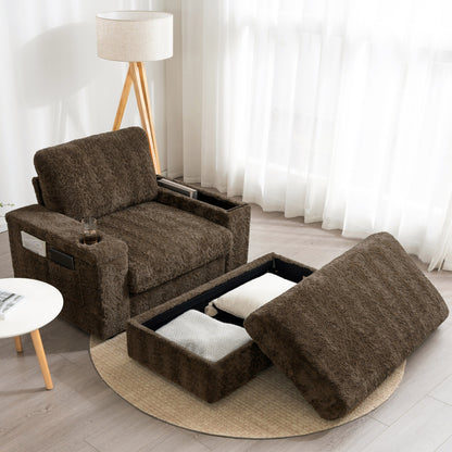 Roomfitters Oversized Chaise Lounge Sofa Bed with Ottoman, Faux Fur Sleeper Chair with Cup Holders