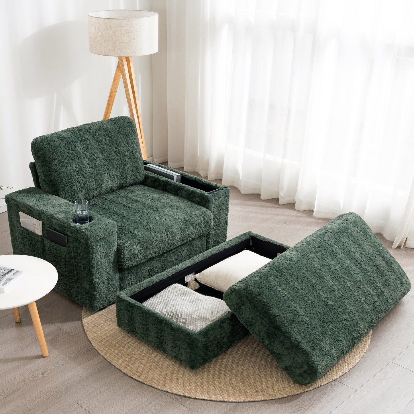 Roomfitters Oversized Chaise Lounge Sofa Bed with Ottoman, Faux Fur Sleeper Chair with Cup Holders