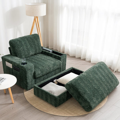 Roomfitters Oversized Chaise Lounge Sofa Bed with Ottoman, Faux Fur Sleeper Chair with Cup Holders