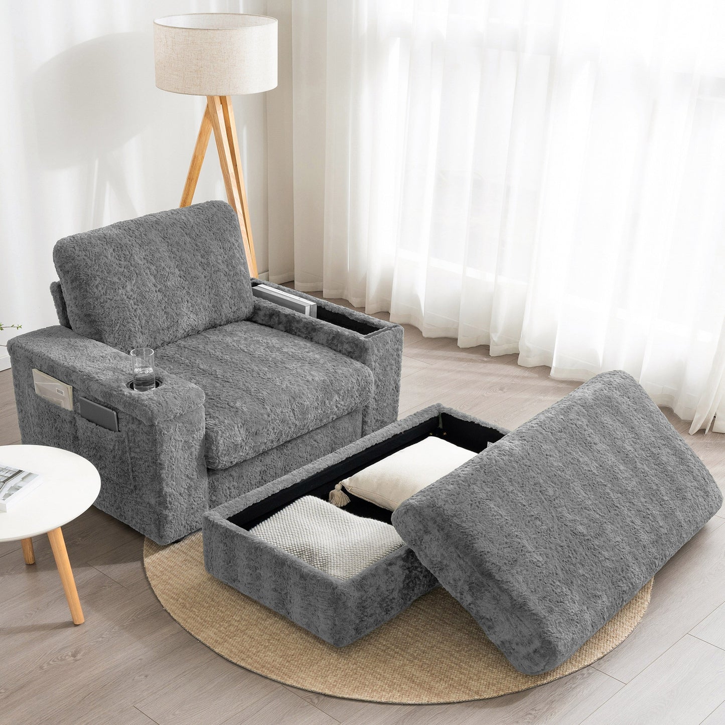 Roomfitters Oversized Chaise Lounge Sofa Bed with Ottoman, Faux Fur Sleeper Chair with Cup Holders