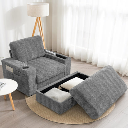 Roomfitters Oversized Chaise Lounge Sofa Bed with Ottoman, Faux Fur Sleeper Chair with Cup Holders