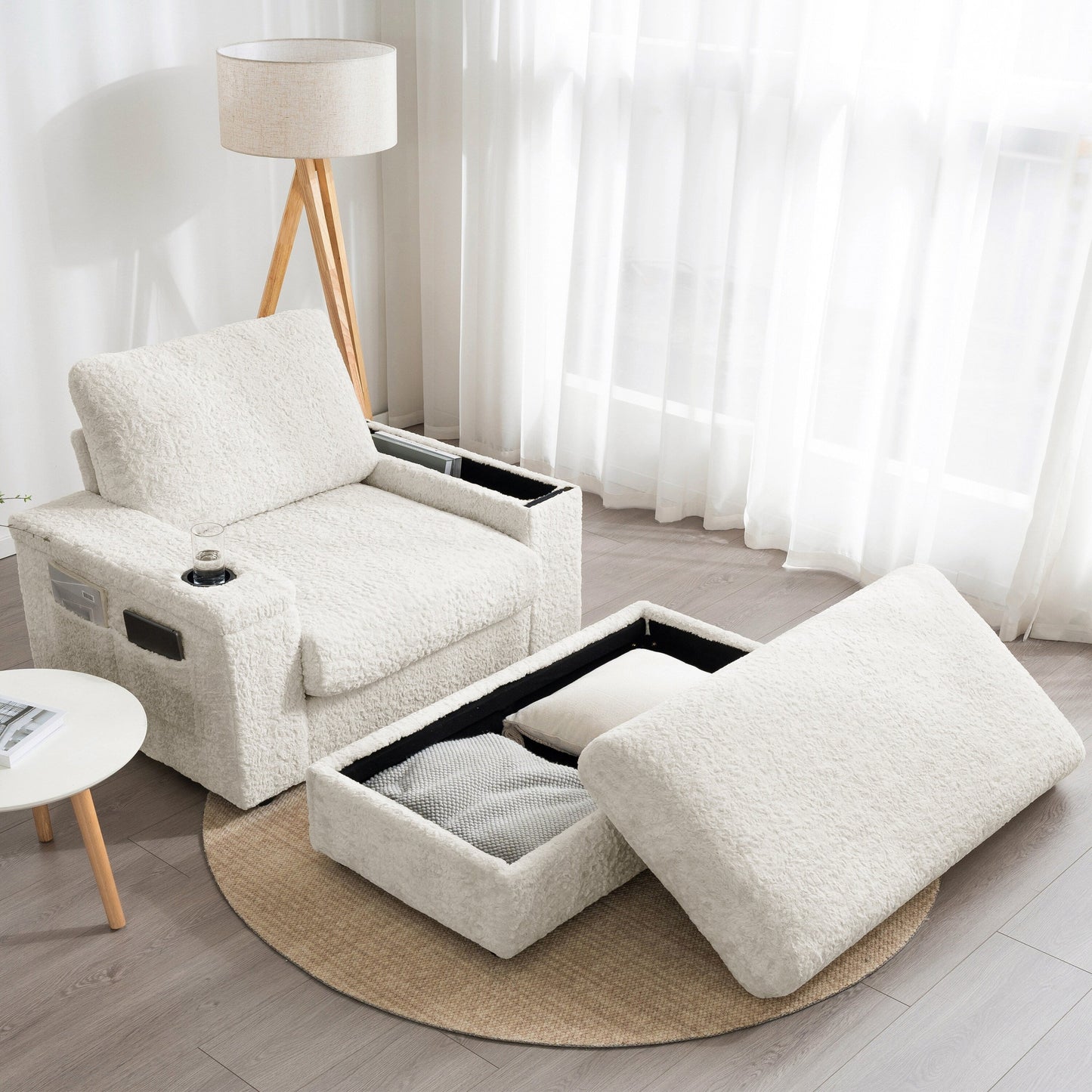 Roomfitters Oversized Chaise Lounge Sofa Bed with Ottoman, Faux Fur Sleeper Chair with Cup Holders