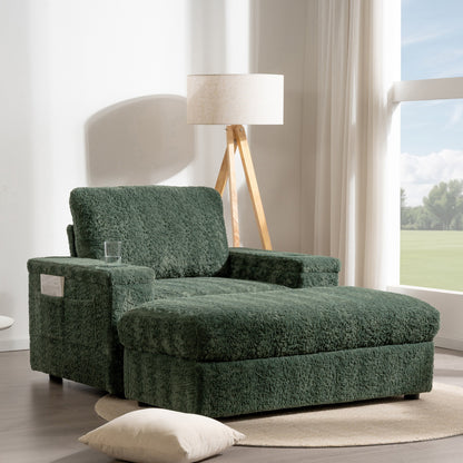 Roomfitters Oversized Chaise Lounge Sofa Bed with Ottoman, Faux Fur Sleeper Chair with Cup Holders