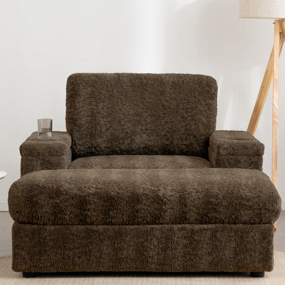 Roomfitters Oversized Chaise Lounge Sofa Bed with Ottoman, Faux Fur Sleeper Chair with Cup Holders