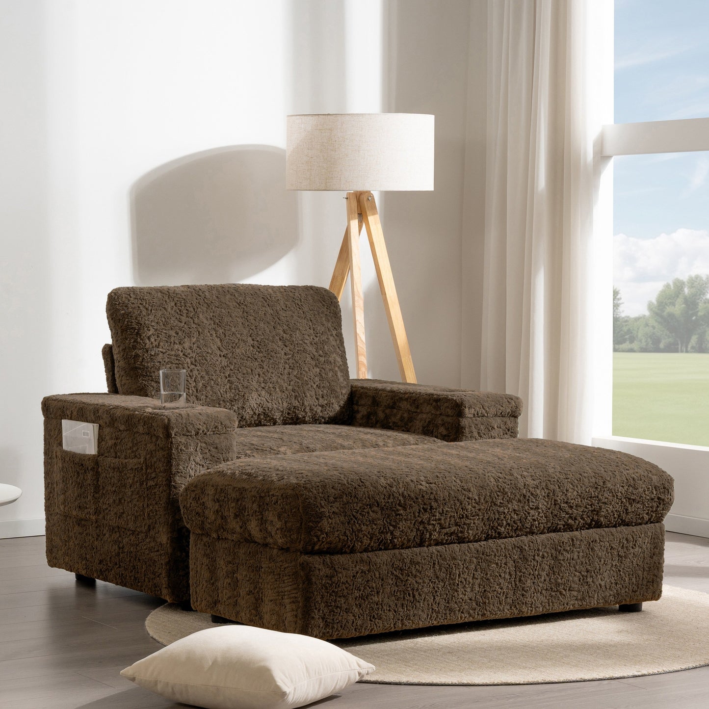 Roomfitters Oversized Chaise Lounge Sofa Bed with Ottoman, Faux Fur Sleeper Chair with Cup Holders