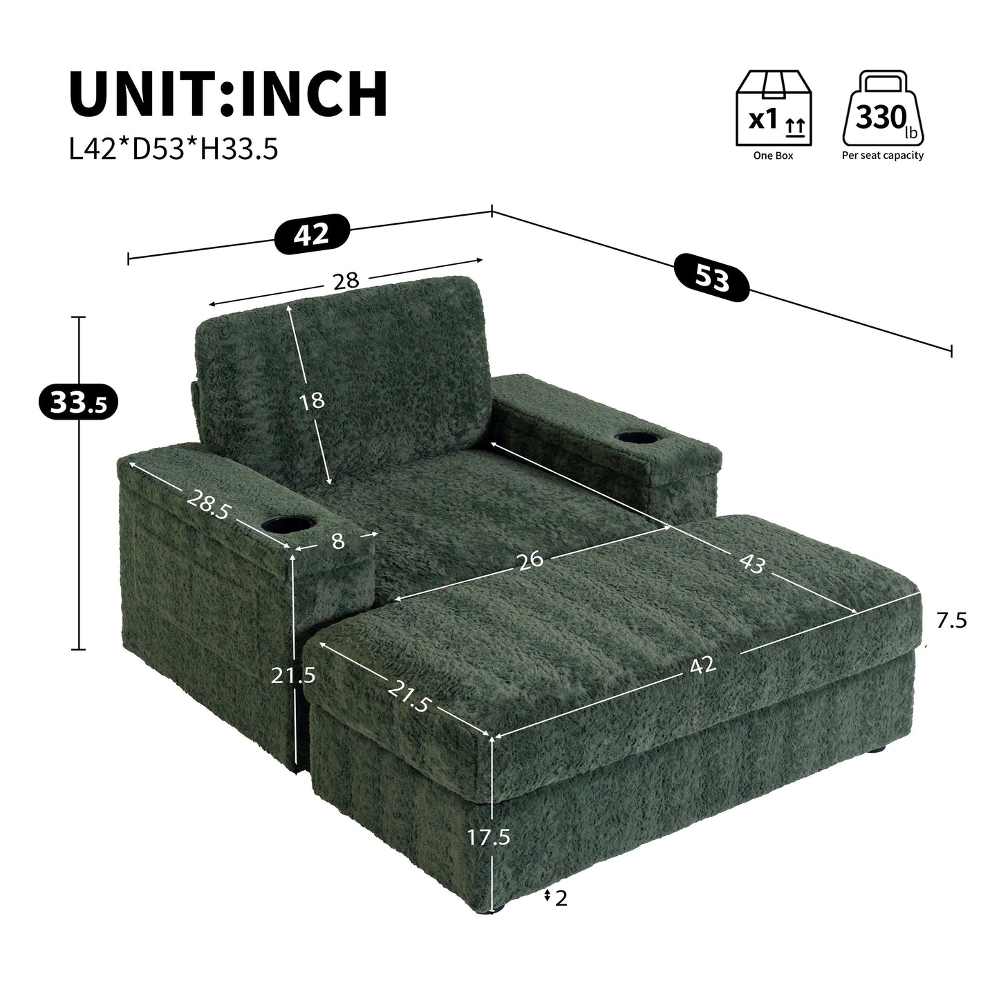 Roomfitters Oversized Chaise Lounge Sofa Bed with Ottoman, Faux Fur Sleeper Chair with Cup Holders