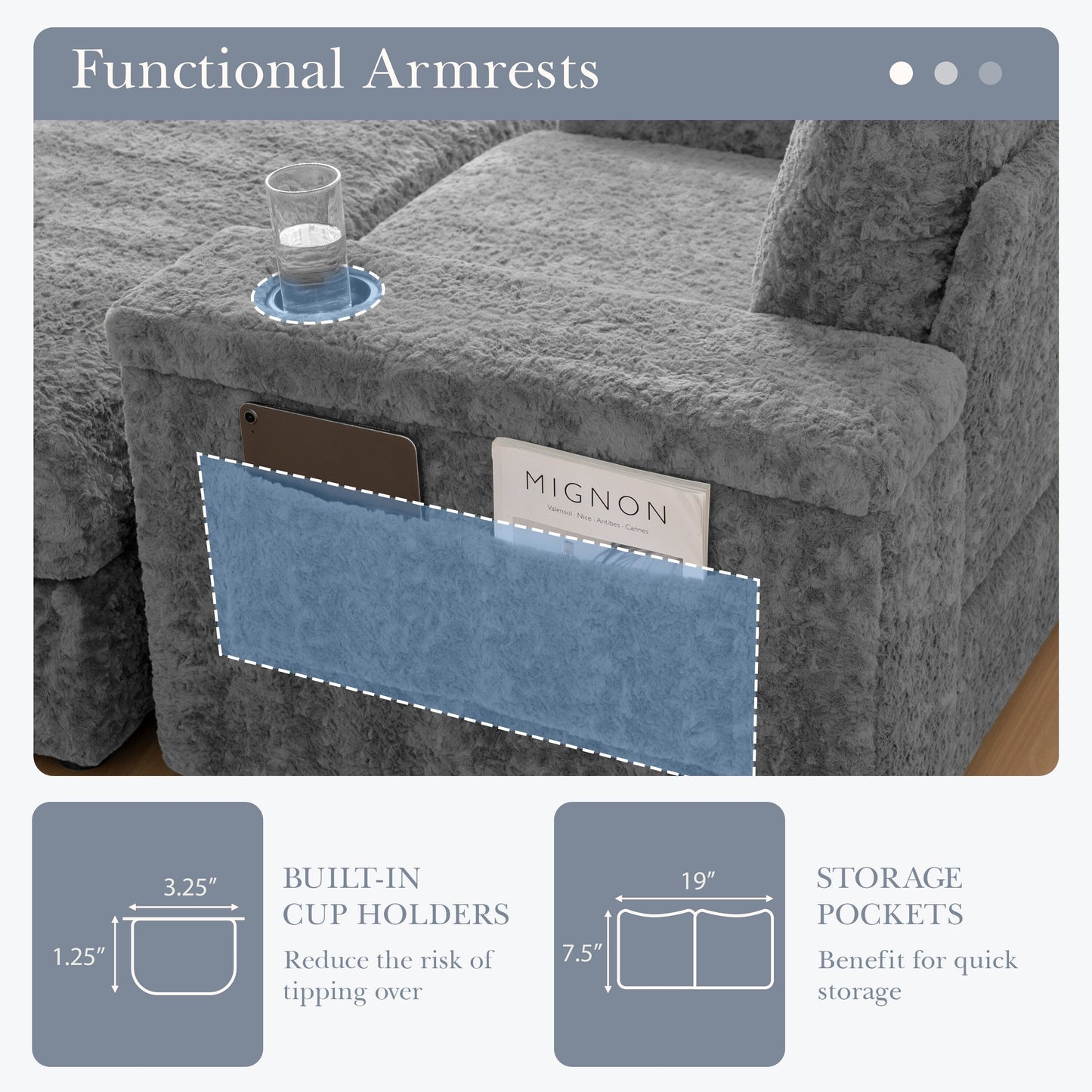 Roomfitters Oversized Chaise Lounge Sofa Bed with Ottoman, Faux Fur Sleeper Chair with Cup Holders
