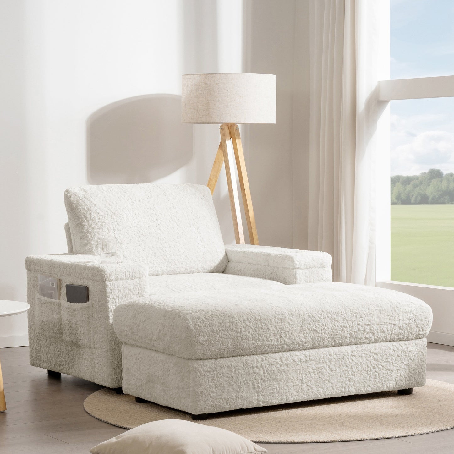 Roomfitters Oversized Chaise Lounge Sofa Bed with Ottoman, Faux Fur Sleeper Chair with Cup Holders