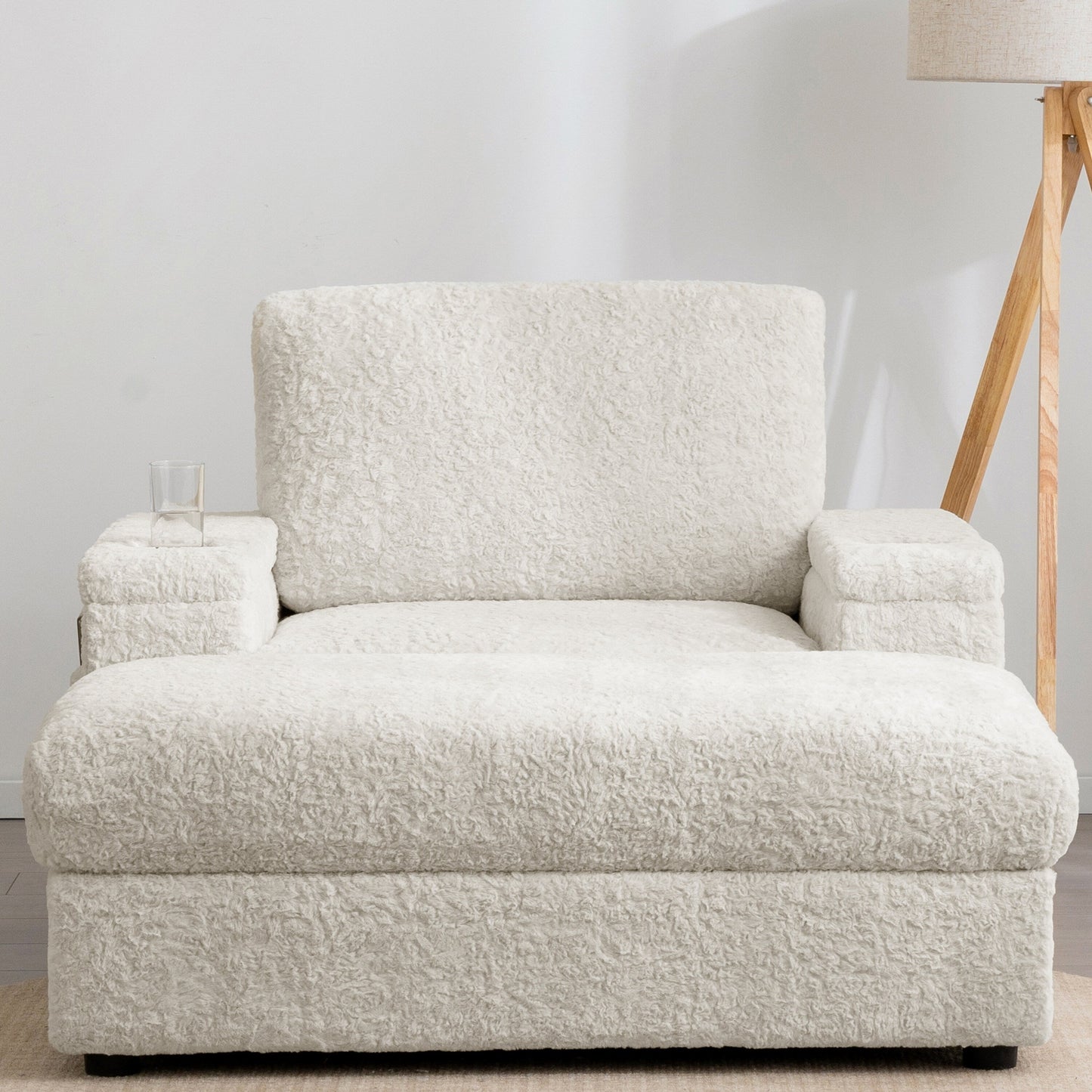 Roomfitters Oversized Chaise Lounge Sofa Bed with Ottoman, Faux Fur Sleeper Chair with Cup Holders