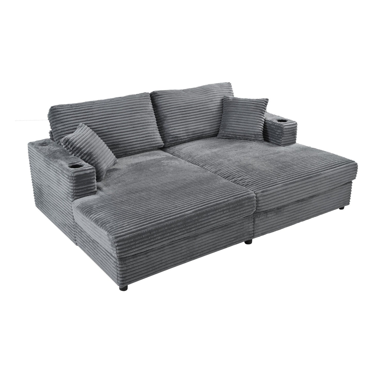 Roomfitters Oversized Loveseat Chaise Lounge Sectional Sofa Bed, Corduroy Sleeper with USB Ports, Cup Holders