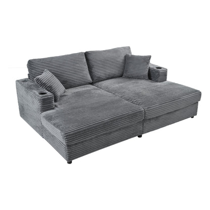 Roomfitters Oversized Loveseat Chaise Lounge Sectional Sofa Bed, Corduroy Sleeper with USB Ports, Cup Holders