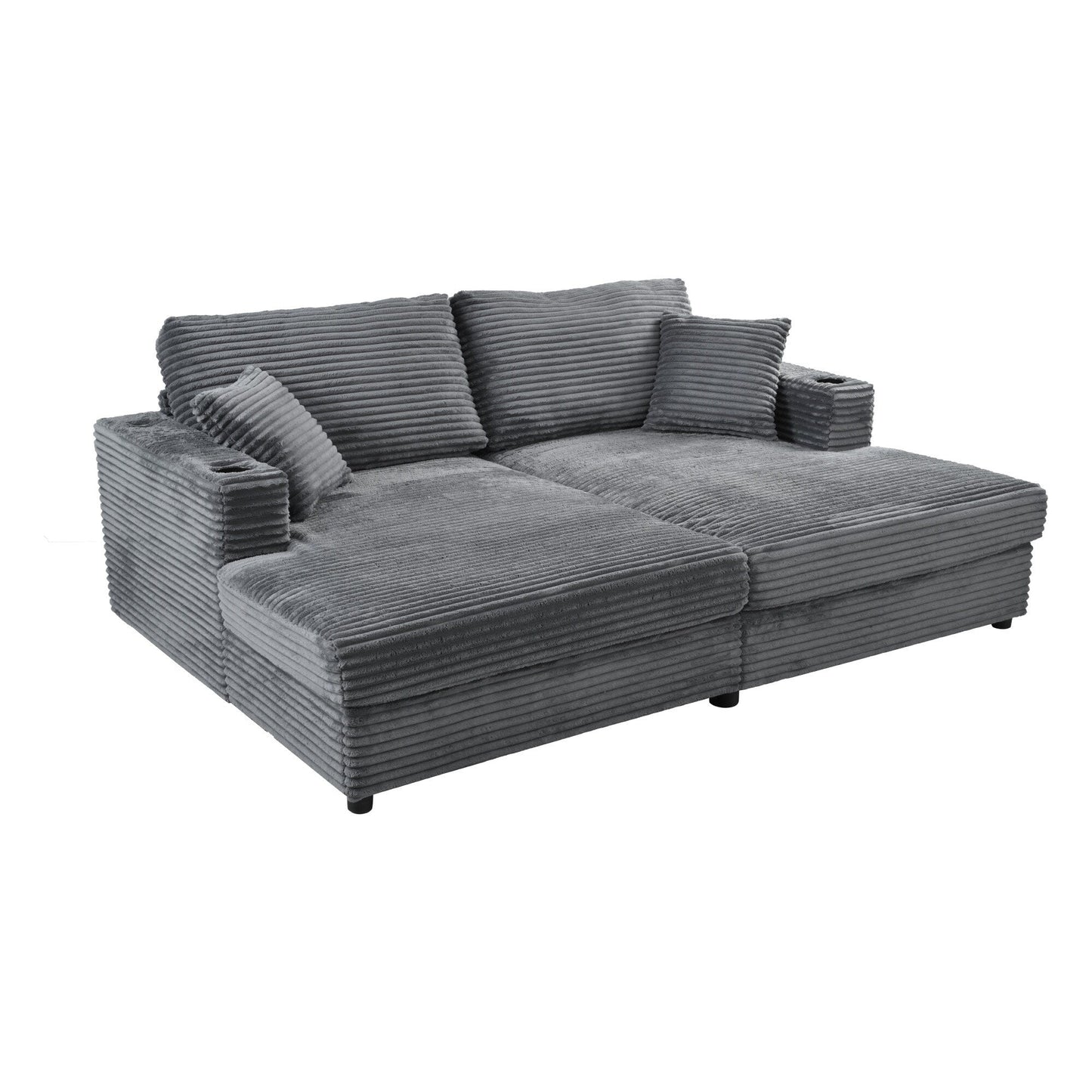 Roomfitters Oversized Loveseat Chaise Lounge Sectional Sofa Bed, Corduroy Sleeper with USB Ports, Cup Holders