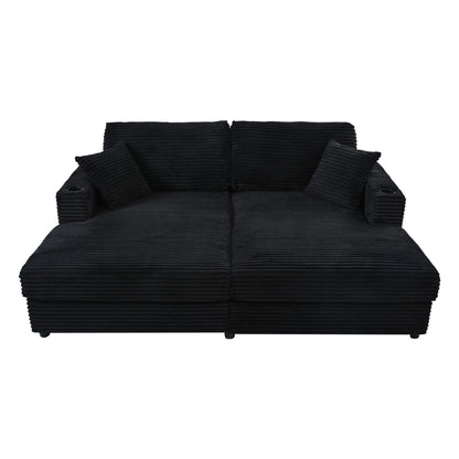 Roomfitters Oversized Loveseat Chaise Lounge Sectional Sofa Bed, Corduroy Sleeper with USB Ports, Cup Holders