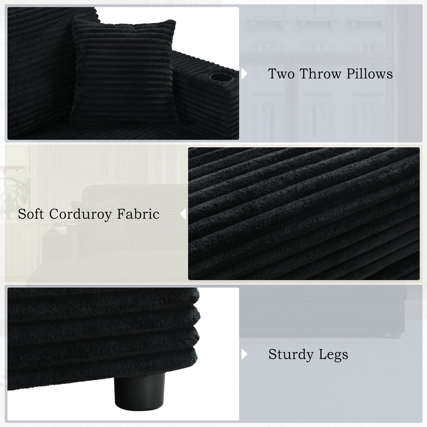 Roomfitters Oversized Loveseat Chaise Lounge Sectional Sofa Bed, Corduroy Sleeper with USB Ports, Cup Holders
