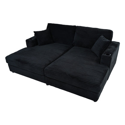 Roomfitters Oversized Loveseat Chaise Lounge Sectional Sofa Bed, Corduroy Sleeper with USB Ports, Cup Holders