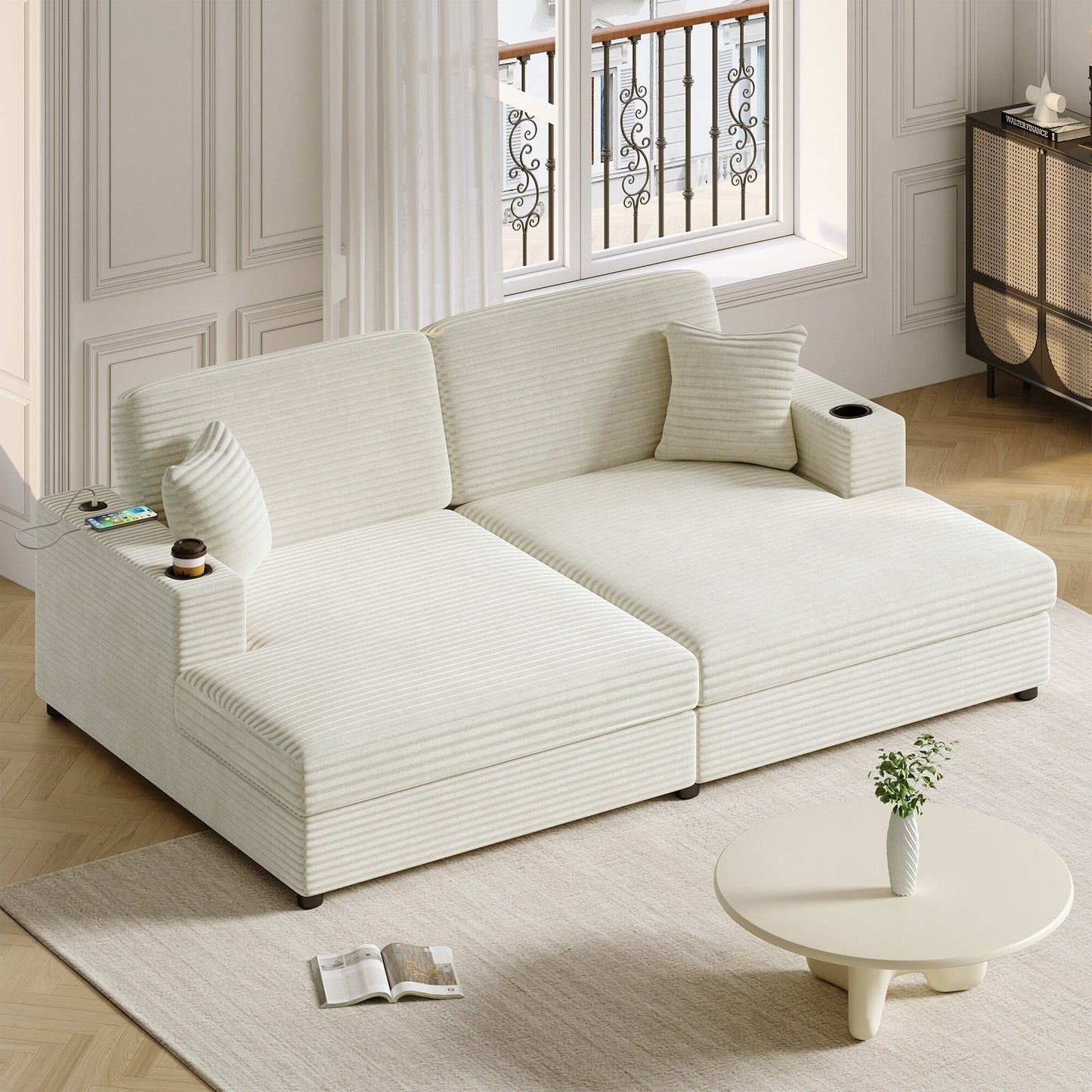 Roomfitters Oversized Loveseat Chaise Lounge Sectional Sofa Bed, Corduroy Sleeper with USB Ports, Cup Holders