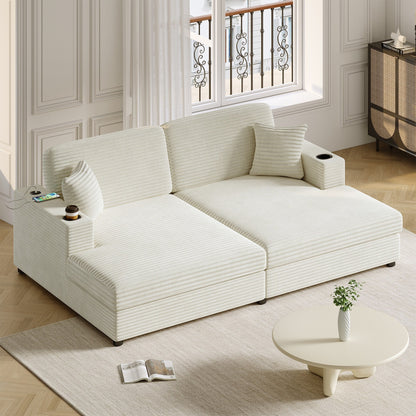 Roomfitters Oversized Loveseat Chaise Lounge Sectional Sofa Bed, Corduroy Sleeper with USB Ports, Cup Holders
