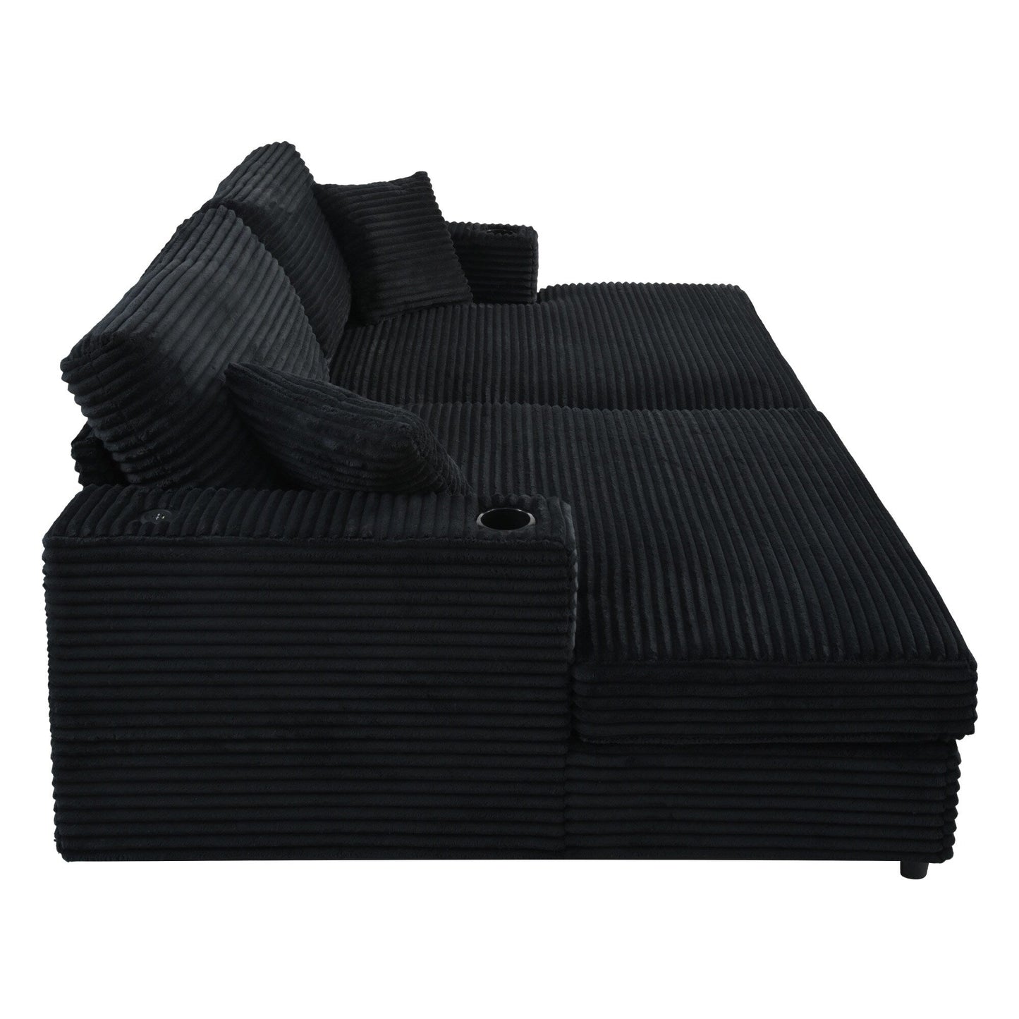 Roomfitters Oversized Loveseat Chaise Lounge Sectional Sofa Bed, Corduroy Sleeper with USB Ports, Cup Holders