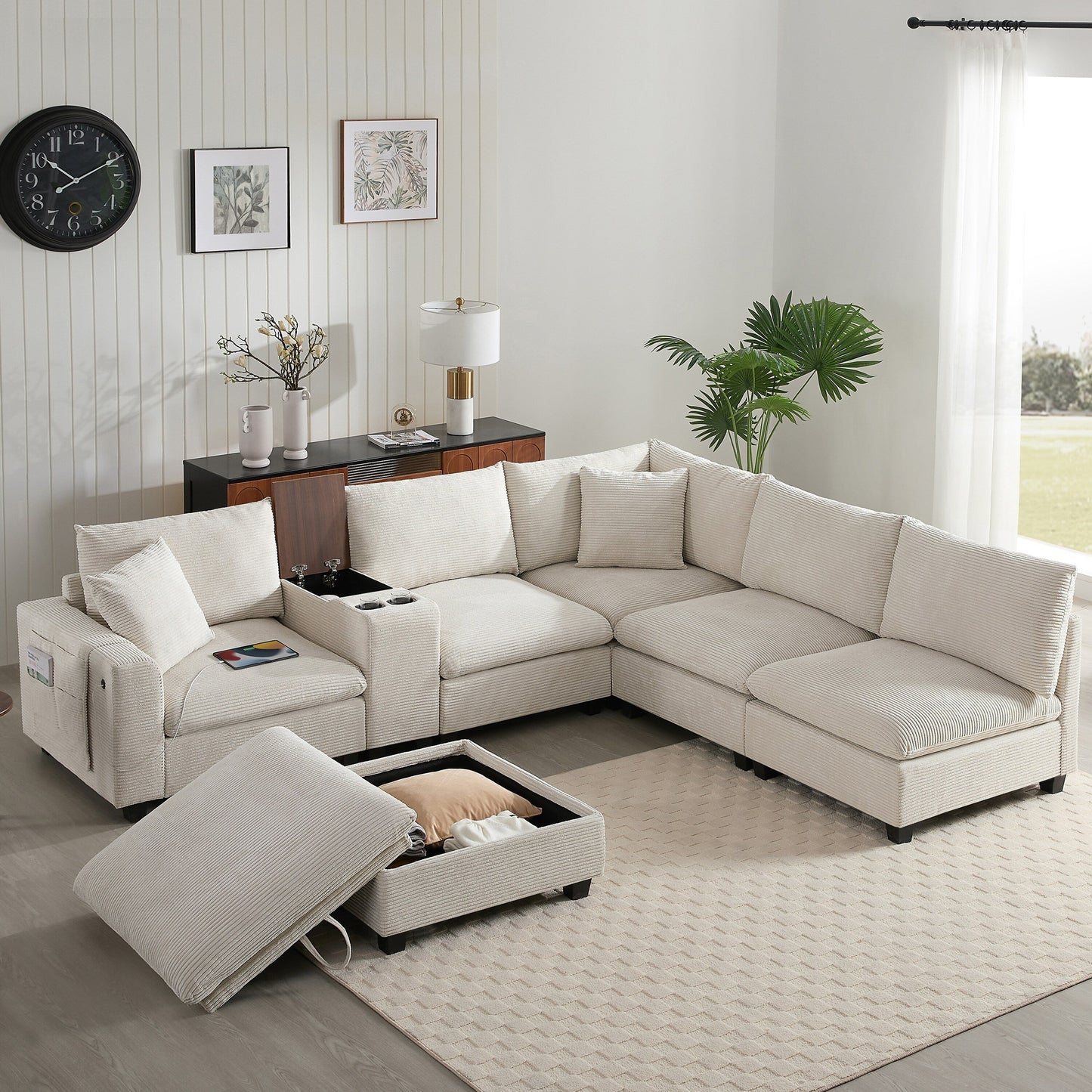 Roomfitters Oversized U-Shaped Corduroy Sofa with Storage Ottoman, Console, USB Charger and Cup Holder