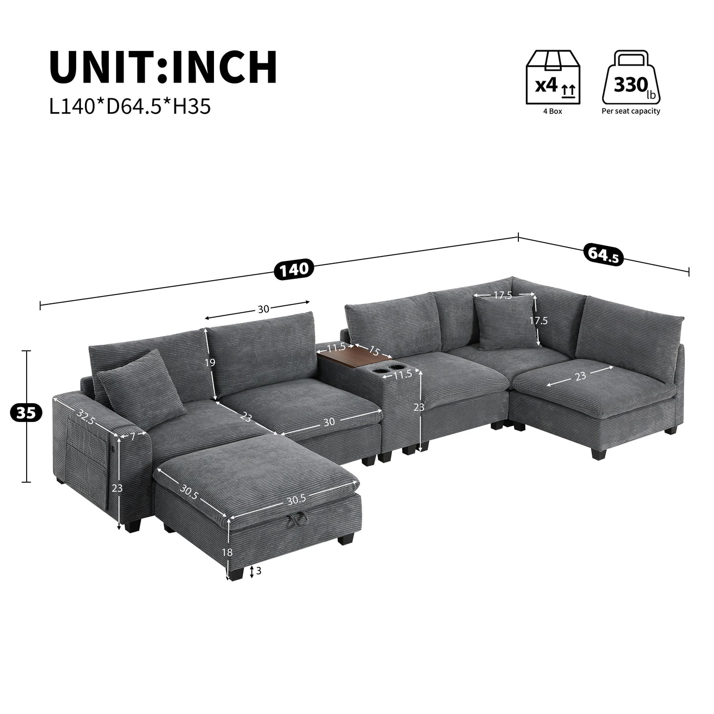 Roomfitters Oversized U-Shaped Corduroy Sofa with Storage Ottoman, Console, USB Charger and Cup Holder