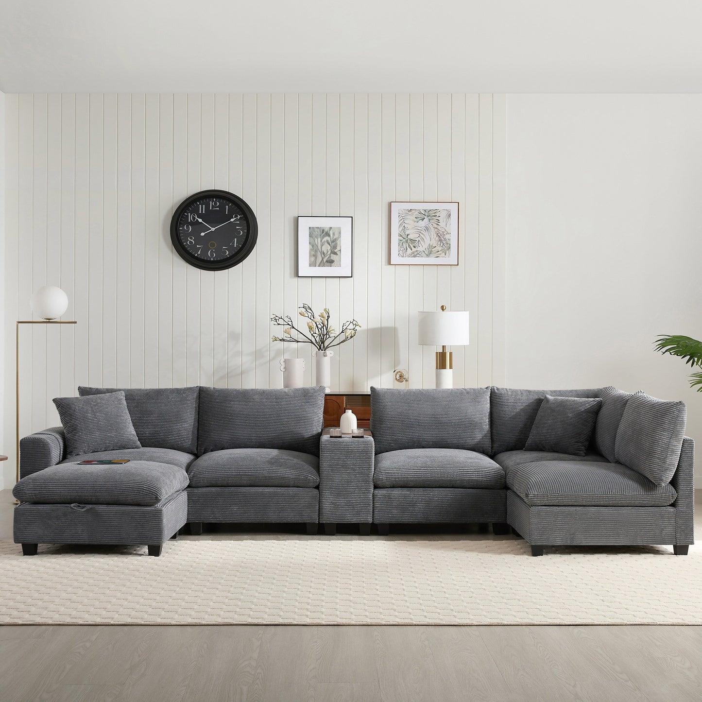 Roomfitters Oversized U-Shaped Corduroy Sofa with Storage Ottoman, Console, USB Charger and Cup Holder