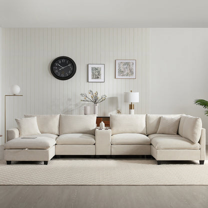 Roomfitters Oversized U-Shaped Corduroy Sofa with Storage Ottoman, Console, USB Charger and Cup Holder