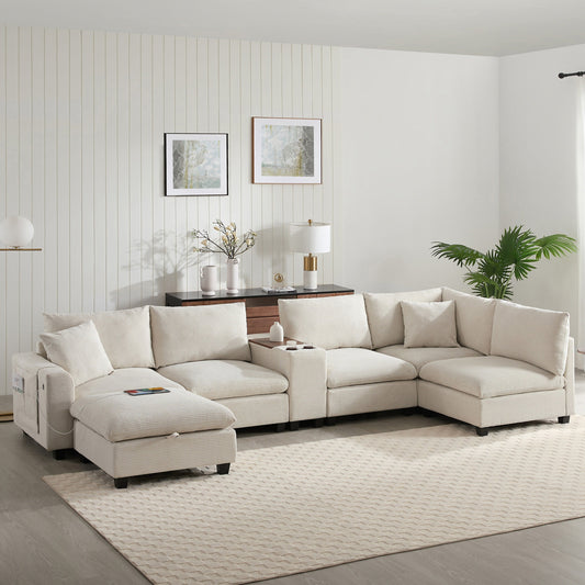 Roomfitters Oversized U-Shaped Corduroy Sofa with Storage Ottoman, Console, USB Charger and Cup Holder