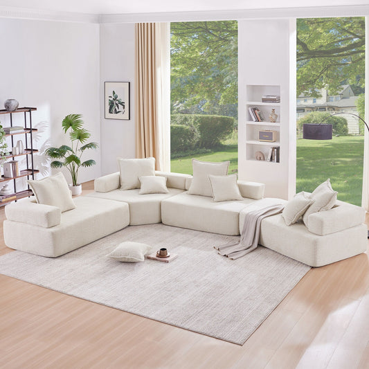 Roomfitters Oversized U-Shaped Sectional Sofa with 4-Piece Boucle Set, Foam-Filled Modular Floor Couch, Beige
