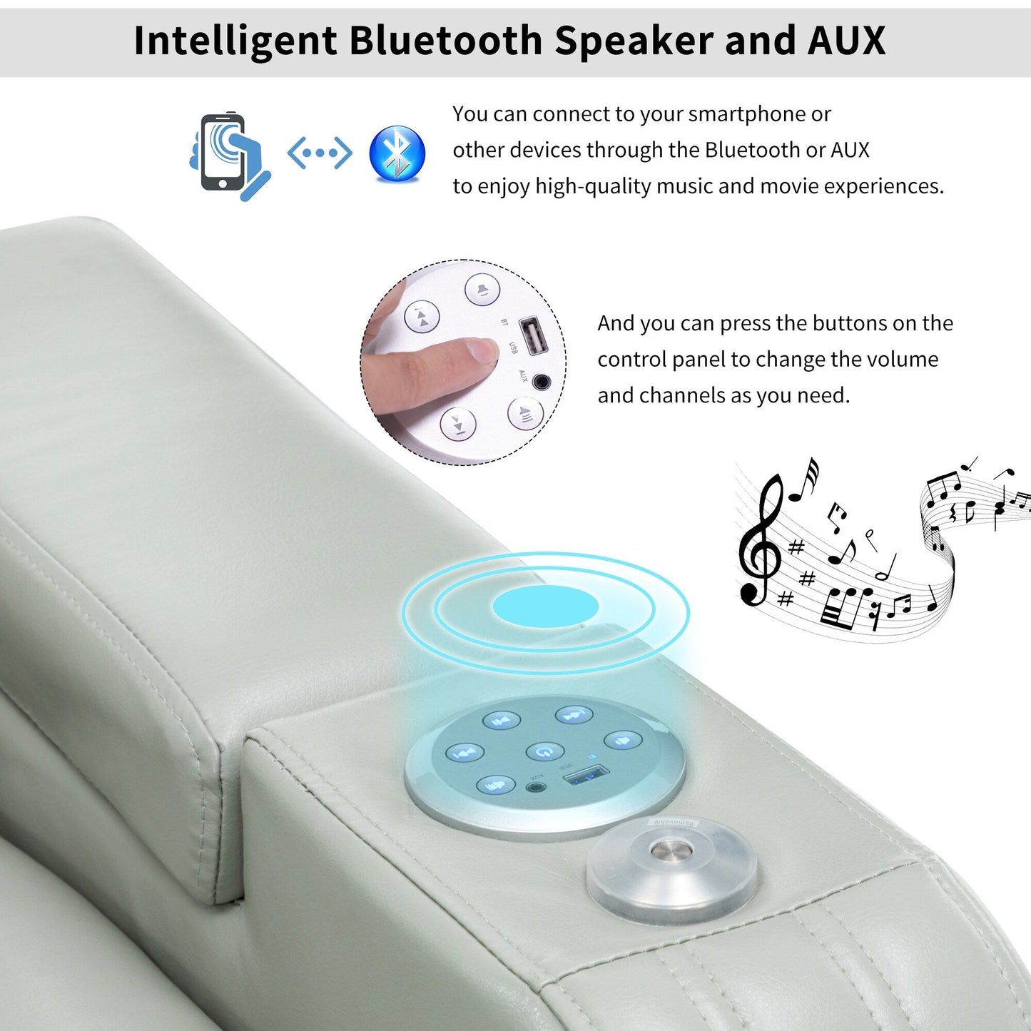 Roomfitters PU Leather Power Recliner Home Theater Seat with Cooling Cup Holder USB Ports Tray Table and Arm Storage