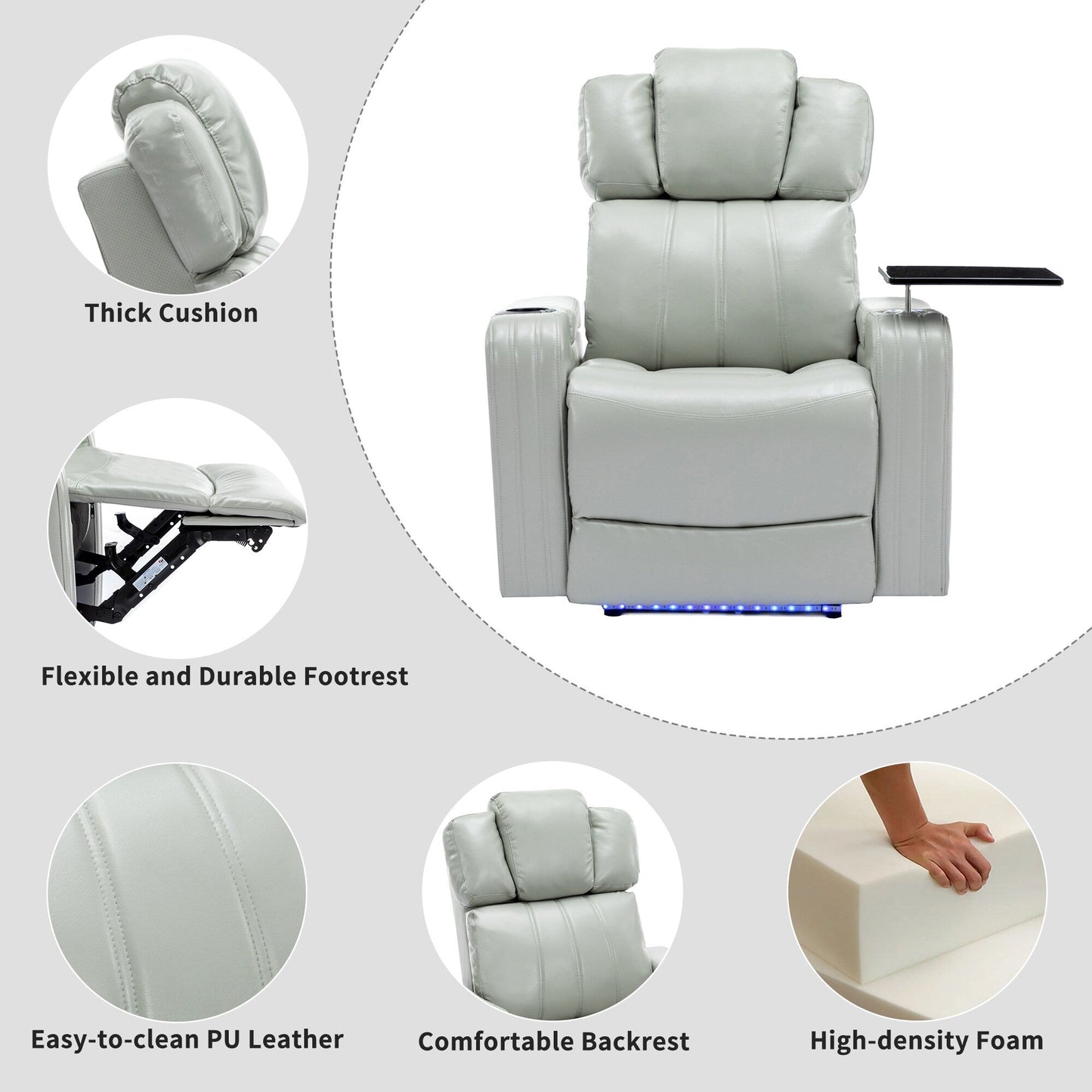Roomfitters PU Leather Power Recliner Home Theater Seat with Cooling Cup Holder USB Ports Tray Table and Arm Storage