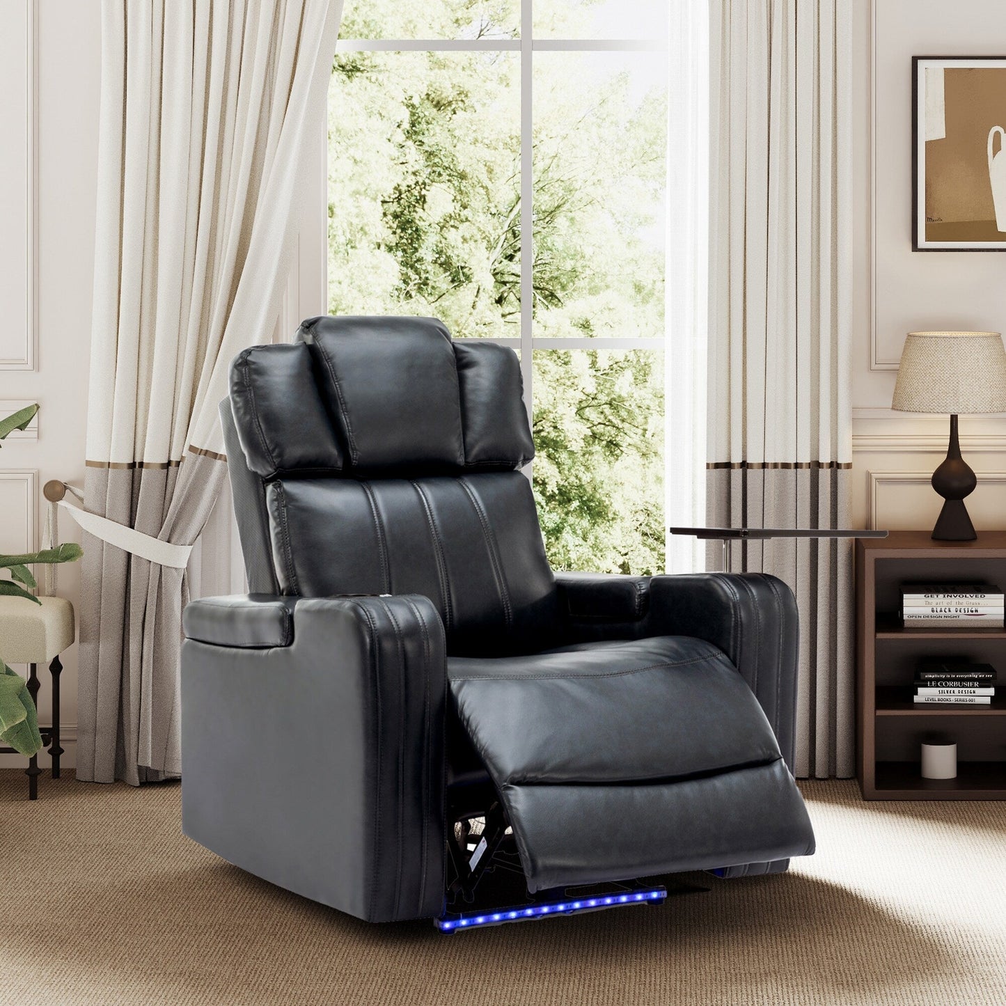 Roomfitters PU Leather Power Recliner Home Theater Seat with Cooling Cup Holder USB Ports Tray Table and Arm Storage