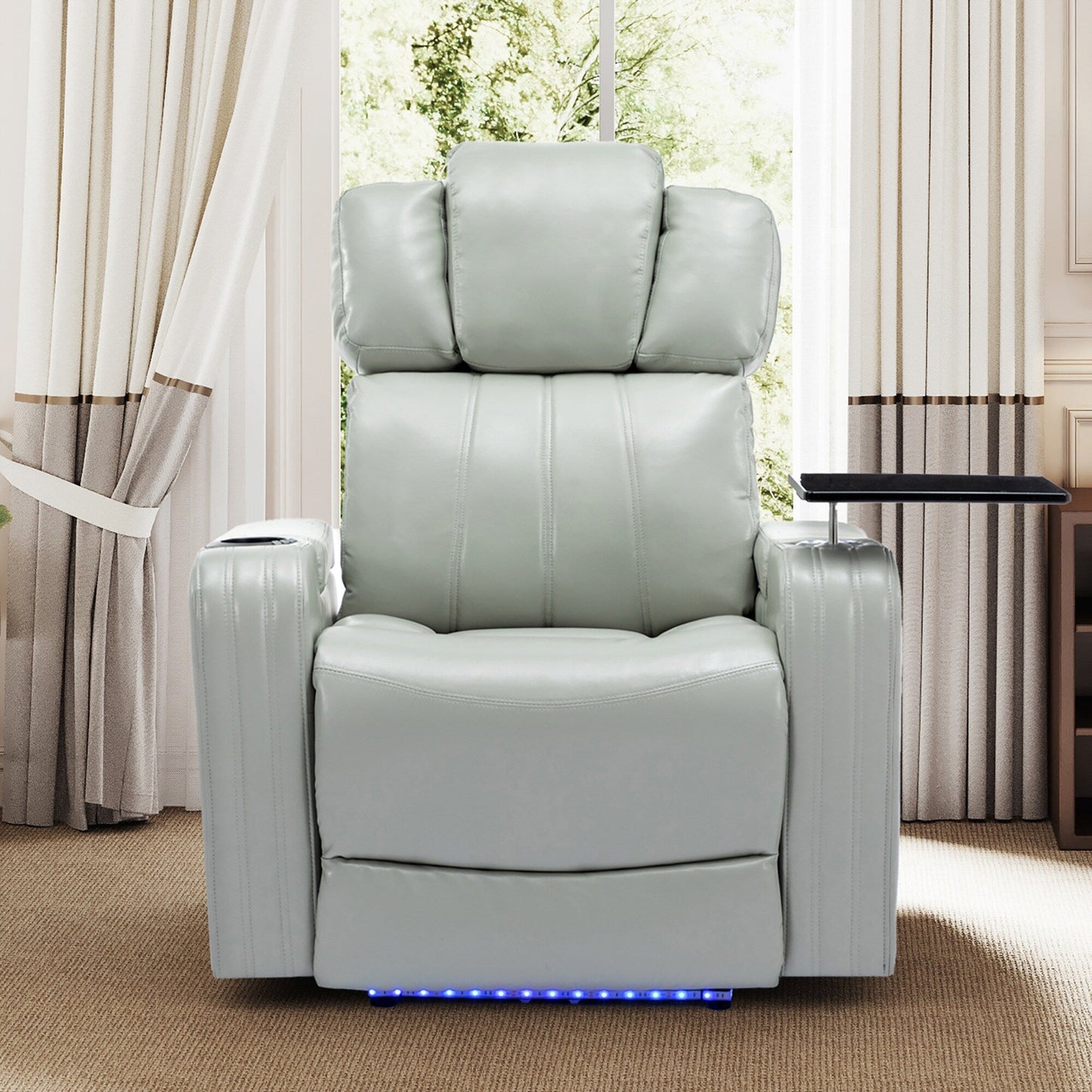 Roomfitters PU Leather Power Recliner Home Theater Seat with Cooling Cup Holder USB Ports Tray Table and Arm Storage
