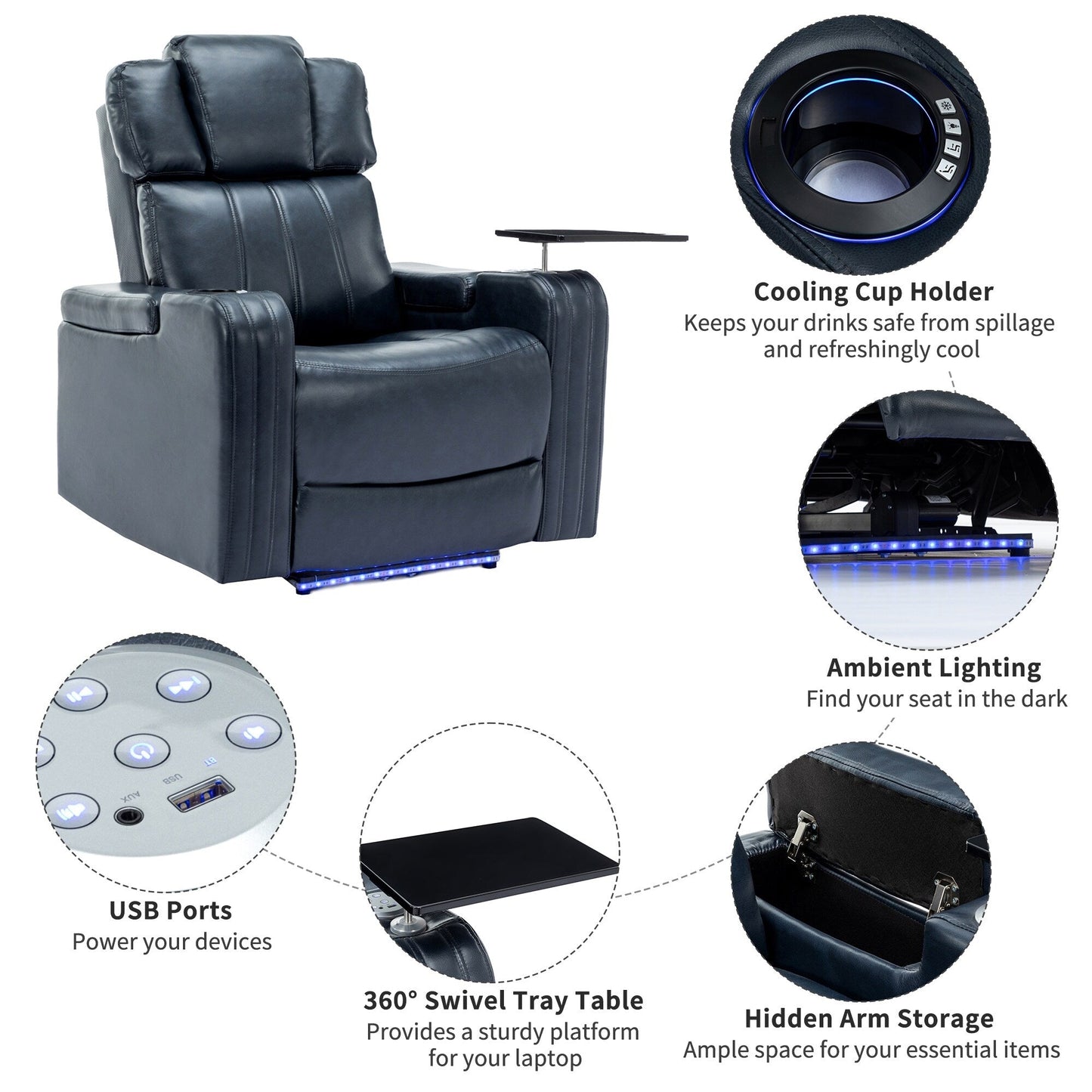 Roomfitters PU Leather Power Recliner Home Theater Seat with Cooling Cup Holder USB Ports Tray Table and Arm Storage