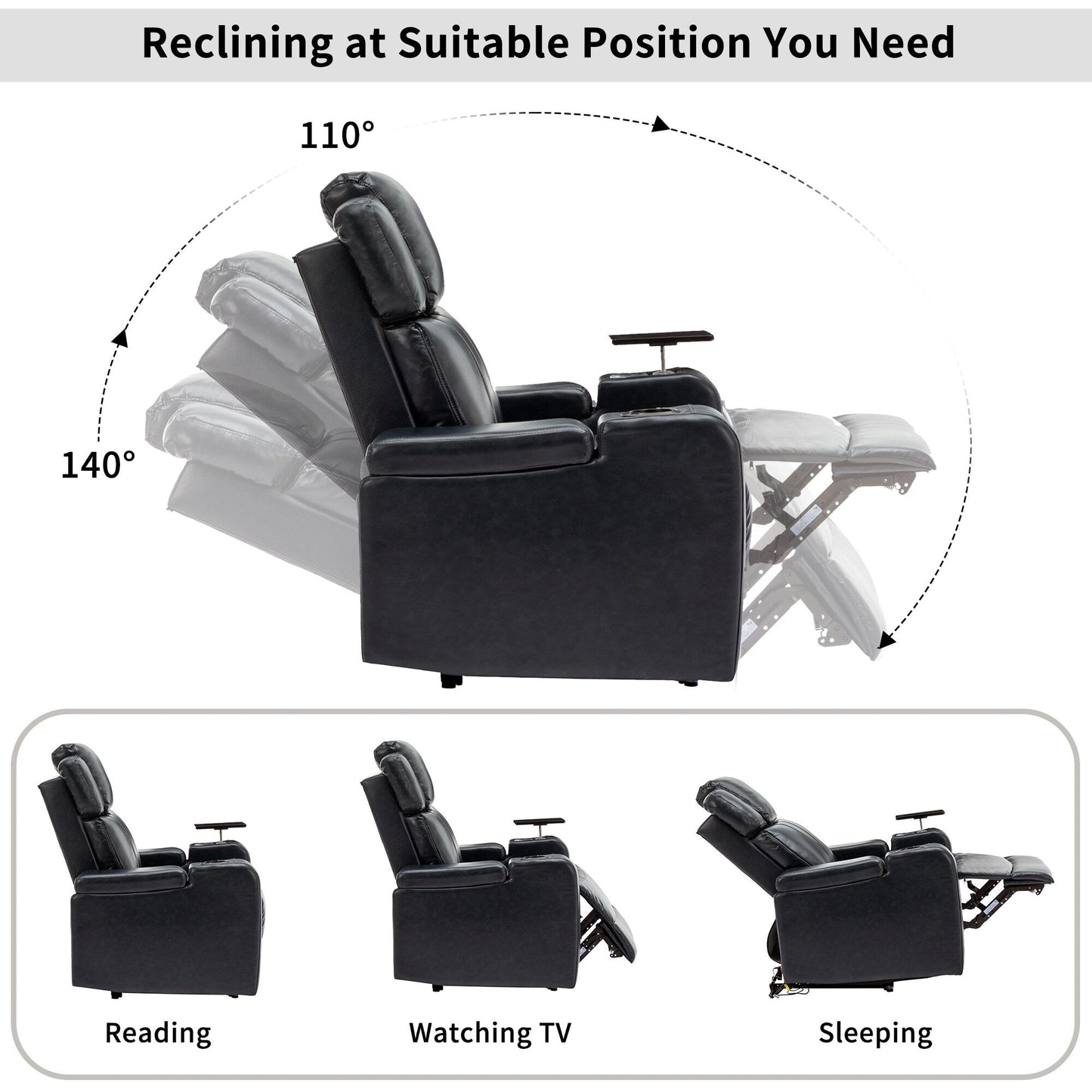 Roomfitters PU Leather Power Recliner Home Theater Seat with Cooling Cup Holder USB Ports Tray Table and Arm Storage