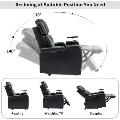 Roomfitters PU Leather Power Recliner Home Theater Seat with Cooling Cup Holder USB Ports Tray Table and Arm Storage