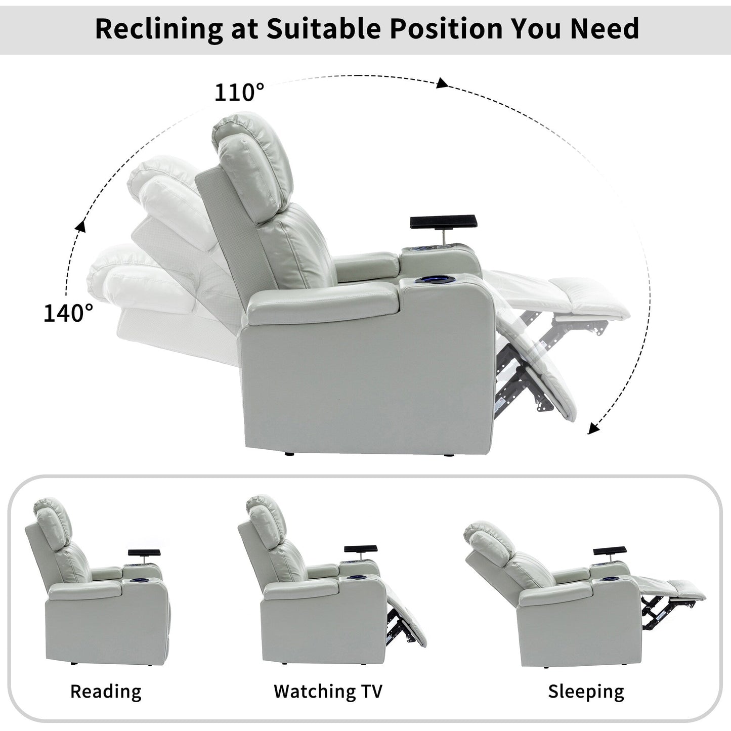 Roomfitters PU Leather Power Recliner Home Theater Seat with Cooling Cup Holder USB Ports Tray Table and Arm Storage