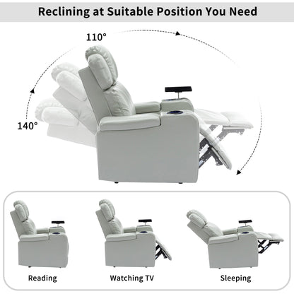 Roomfitters PU Leather Power Recliner Home Theater Seat with Cooling Cup Holder USB Ports Tray Table and Arm Storage
