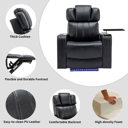 Roomfitters PU Leather Power Recliner Home Theater Seat with Cooling Cup Holder USB Ports Tray Table and Arm Storage
