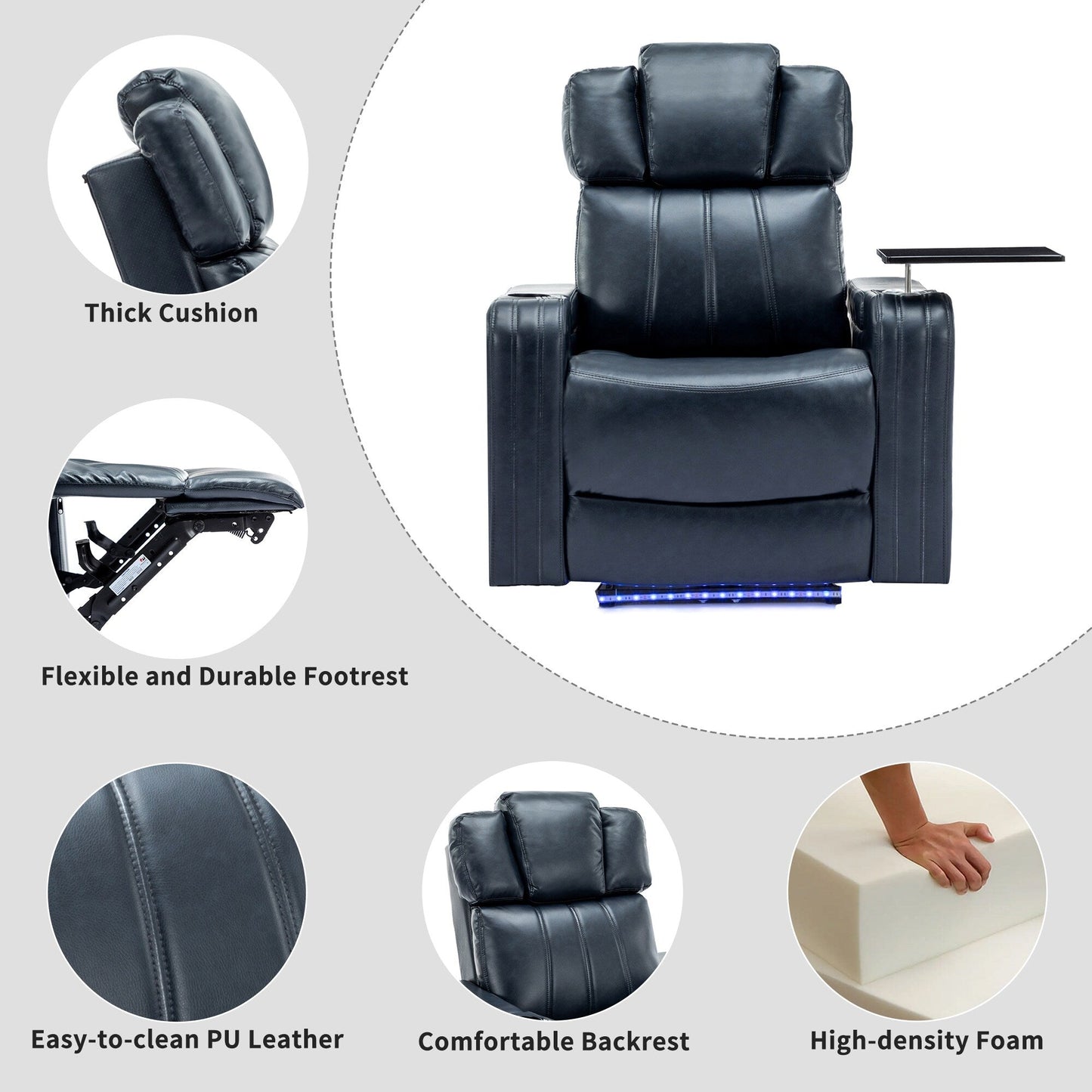 Roomfitters PU Leather Power Recliner Home Theater Seat with Cooling Cup Holder USB Ports Tray Table and Arm Storage