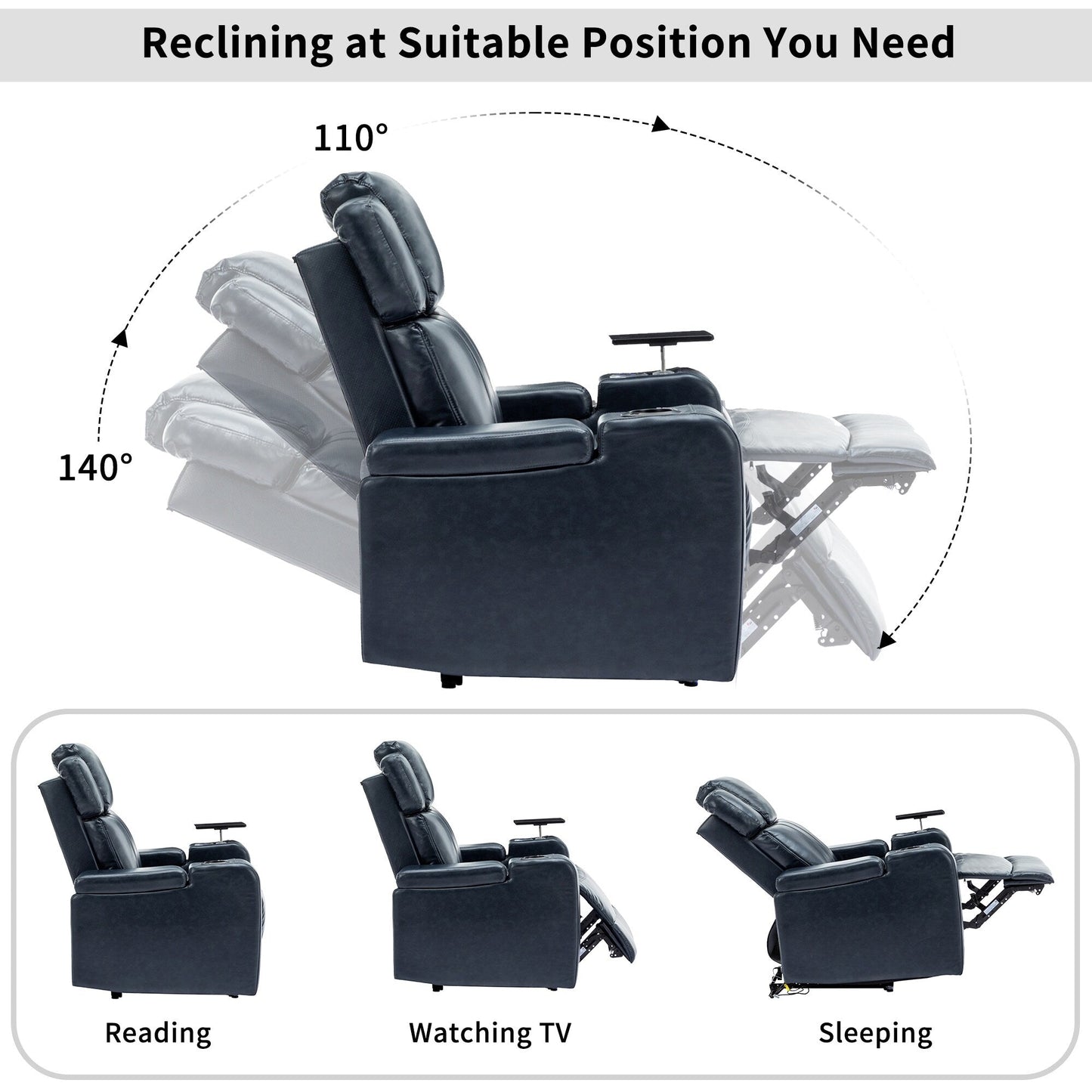 Roomfitters PU Leather Power Recliner Home Theater Seat with Cooling Cup Holder USB Ports Tray Table and Arm Storage