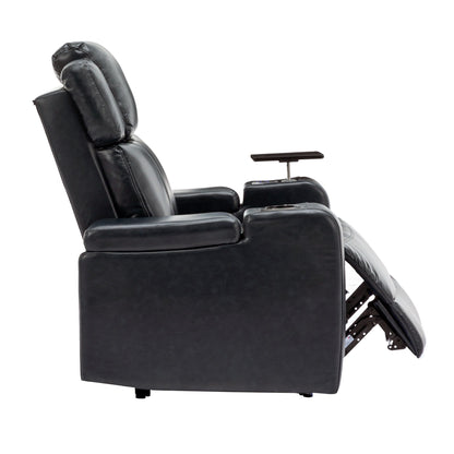 Roomfitters PU Leather Power Recliner Home Theater Seat with Cooling Cup Holder USB Ports Tray Table and Arm Storage