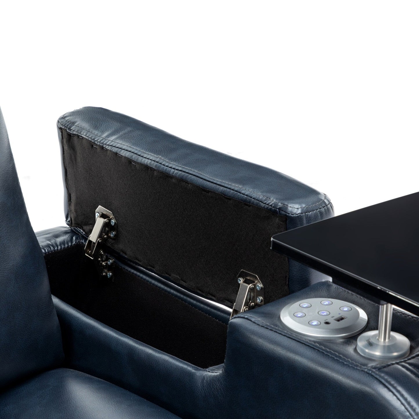 Roomfitters PU Leather Power Recliner Home Theater Seat with Cooling Cup Holder USB Ports Tray Table and Arm Storage