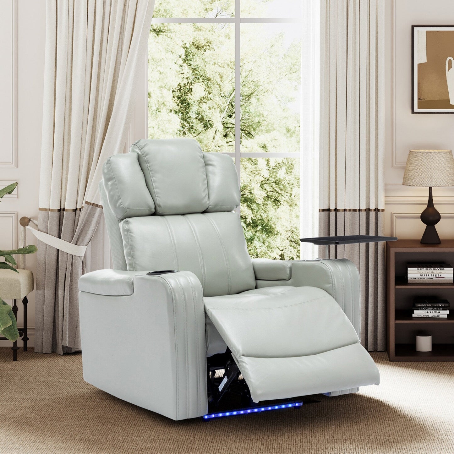 Roomfitters PU Leather Power Recliner Home Theater Seat with Cooling Cup Holder USB Ports Tray Table and Arm Storage