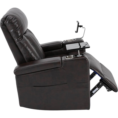 Roomfitters Power Recliner Seat with Storage Arms Cupholders Swivel Tray and Phone Stand, Brown